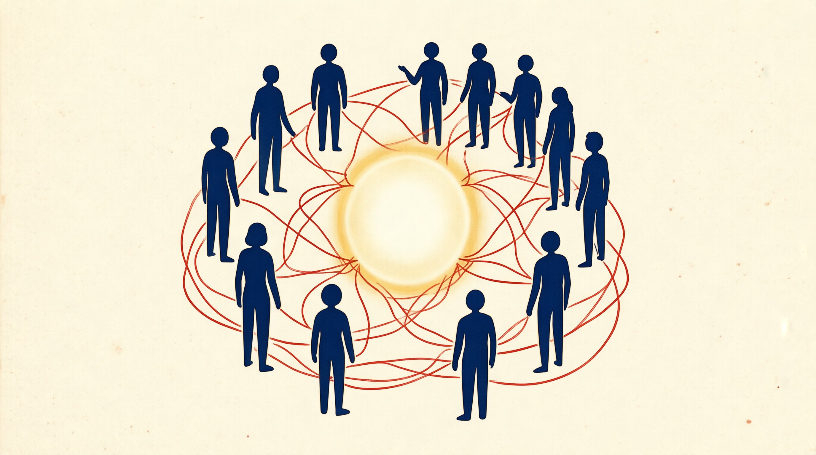 全球开发者围绕开源协作的星座意象插画