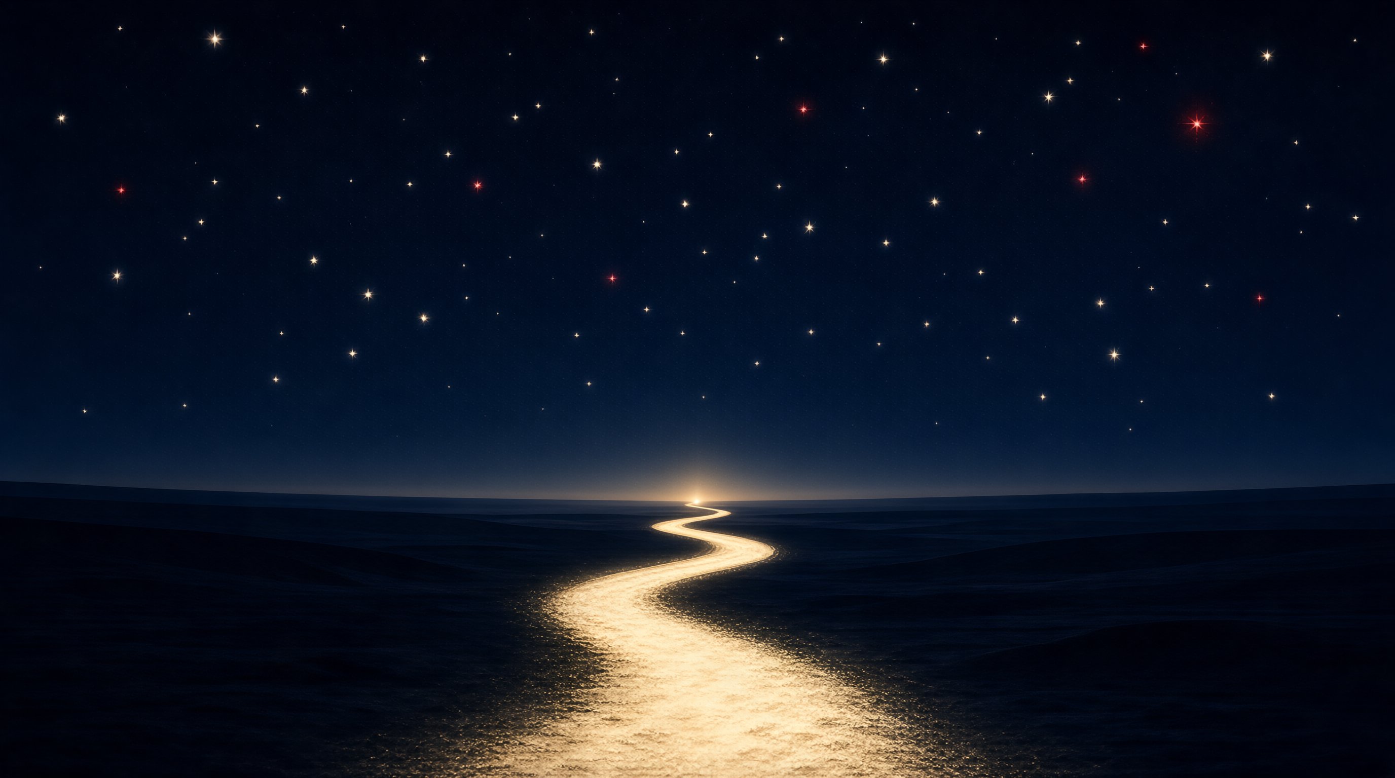 深藏蓝夜空里散落暖米色星辰，蜿蜒光路从底部向远处延伸，星辰间闪动红色微光如同远方灯塔