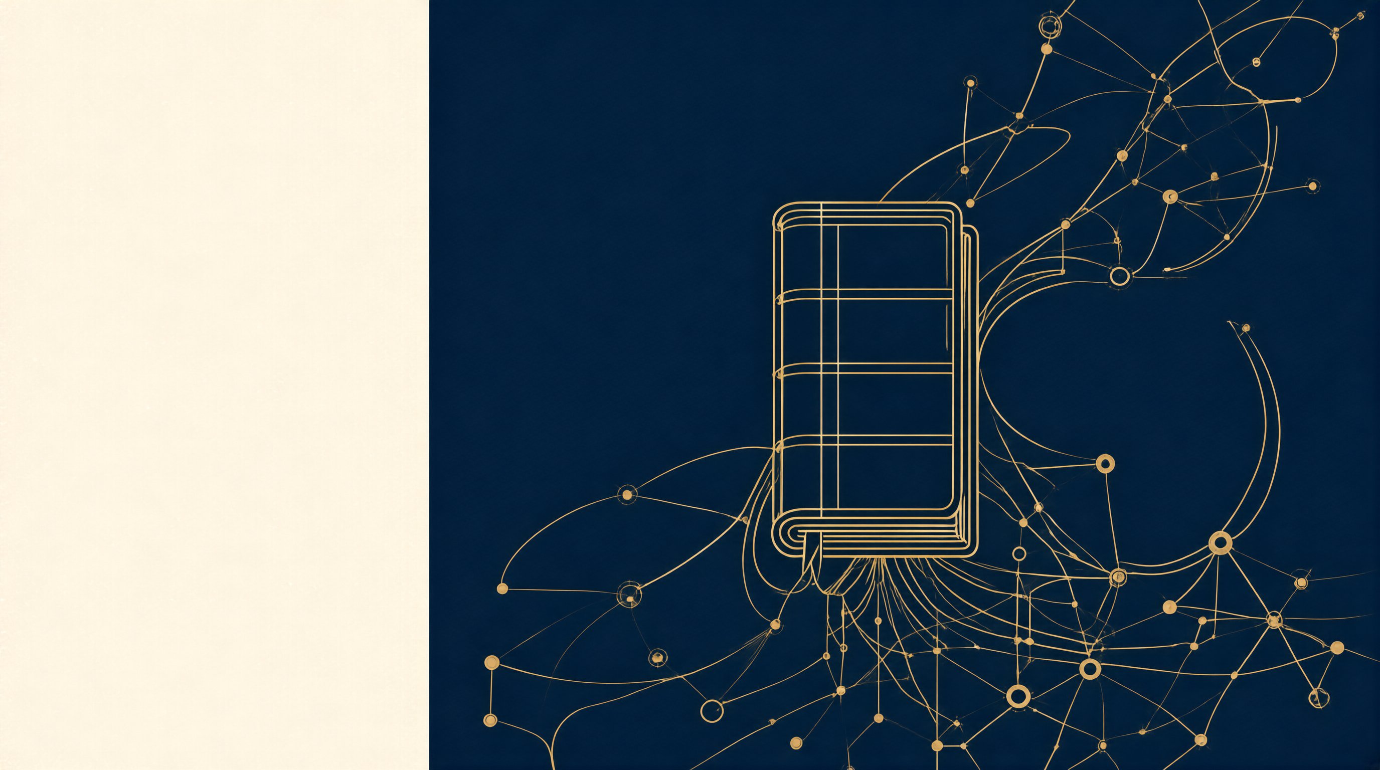 金色细线勾勒的抽象书脊与网络结构插画